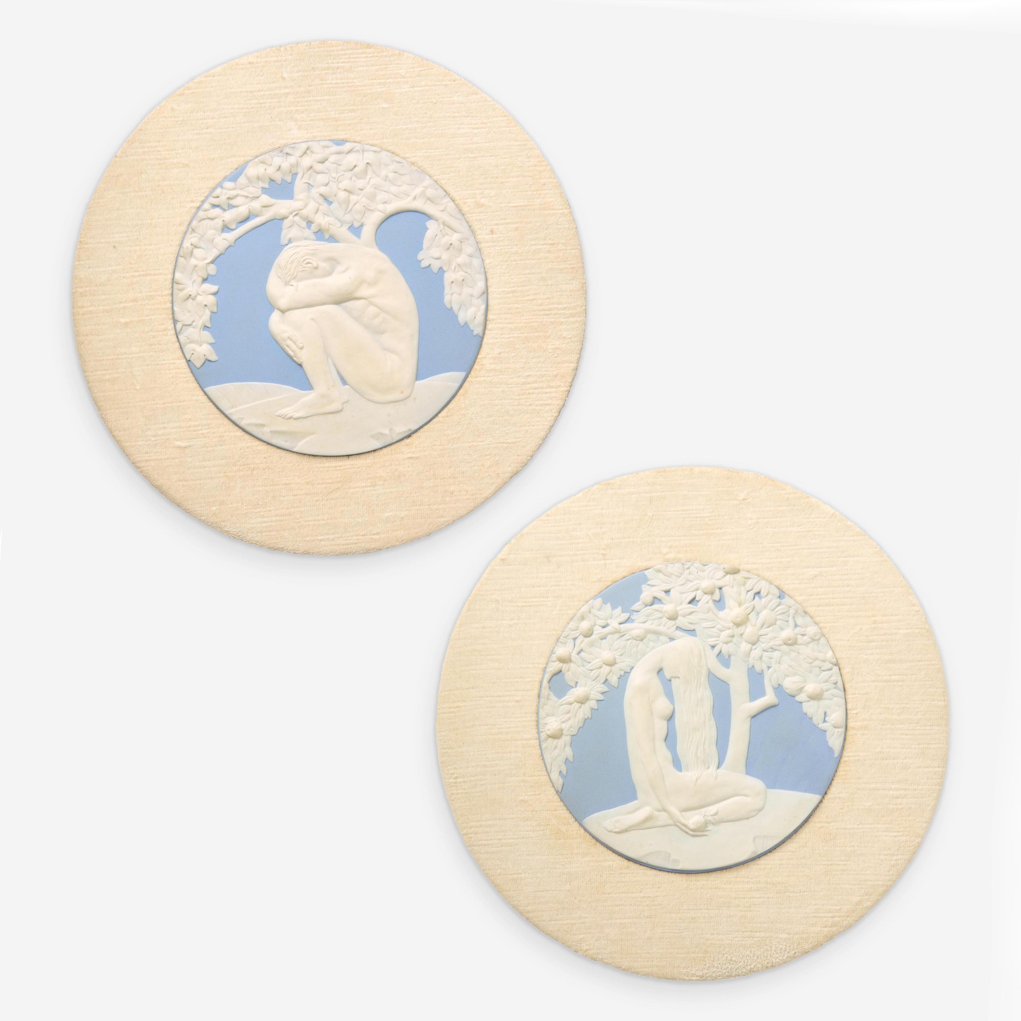 A Pair of Wedgwood Anna Zinkeisen (1901-1978) Designed Blue Jasperware Adam and Eve Plaques, UK,