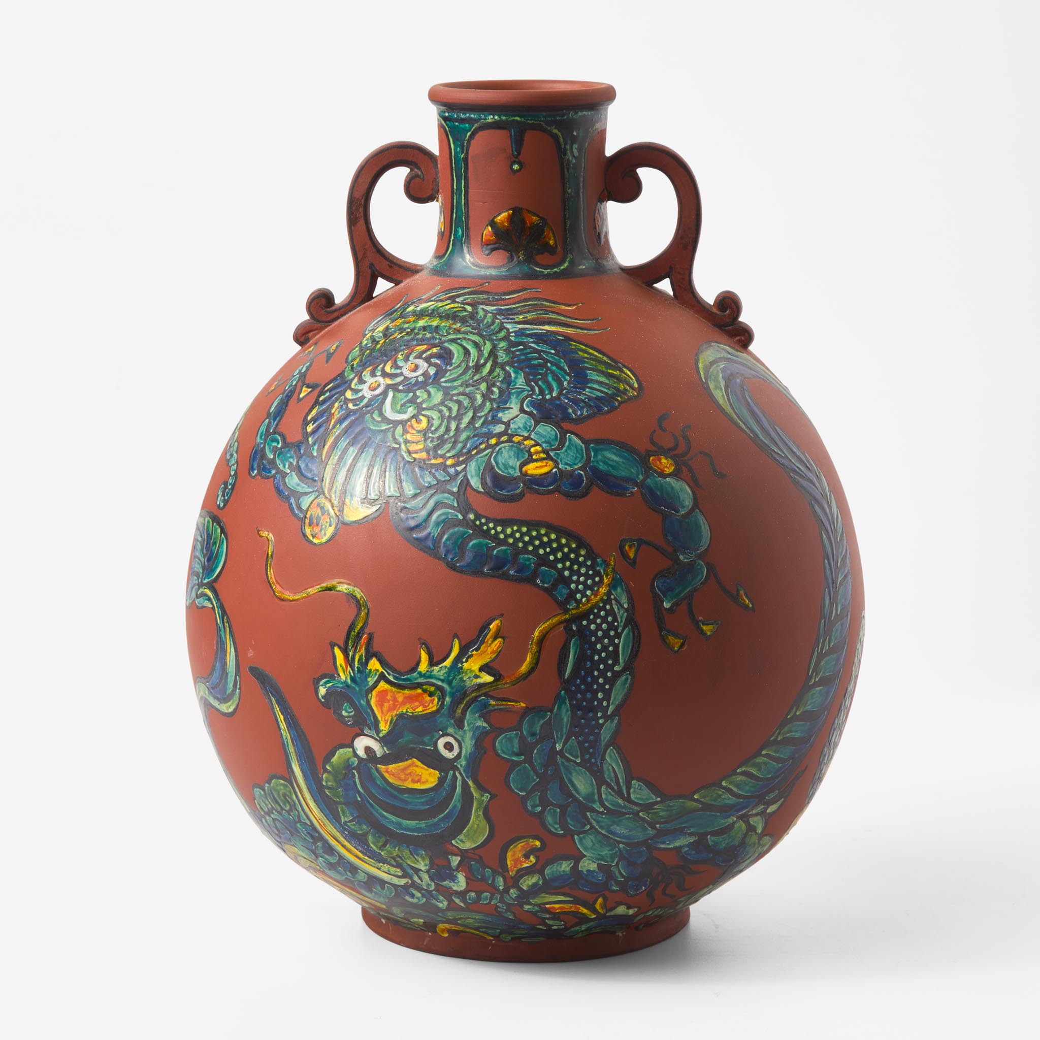 A Wedgwood Enameled-Decorated Rosso Antico Handled Vase UK, circa 1910