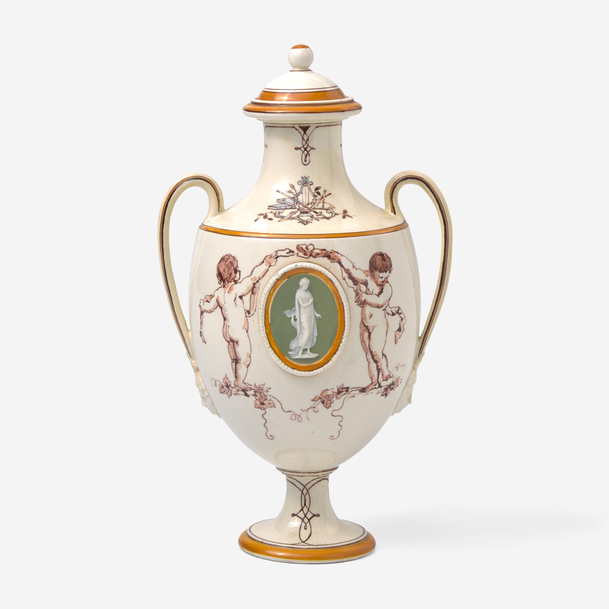 A Wedgwood Emile Lessore (1805-1876) Decorated Queensware Covered Vase with Jasperware Plaques, UK,