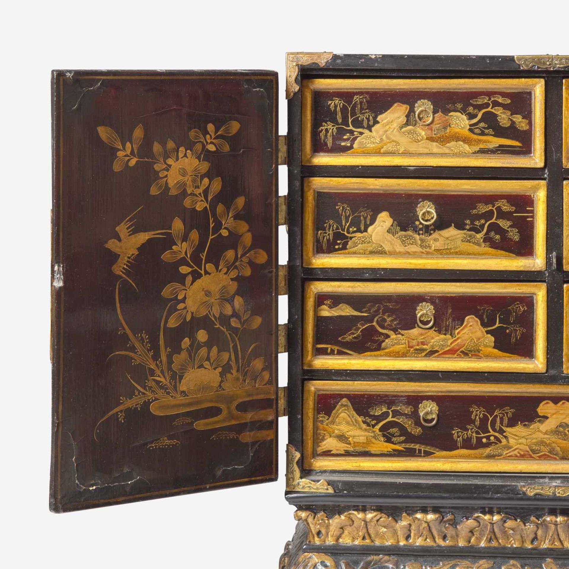 A Chinese Export gilt-decorated black lacquer table cabinet on a George I gilt-decorated and - Image 3 of 4