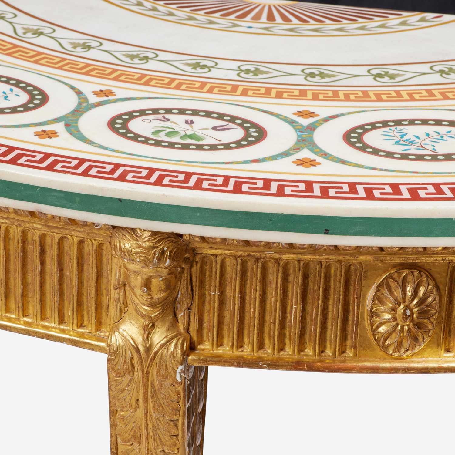 A pair of George III scagliola inlaid and giltwood demilune tables circa 1780 - Image 2 of 5