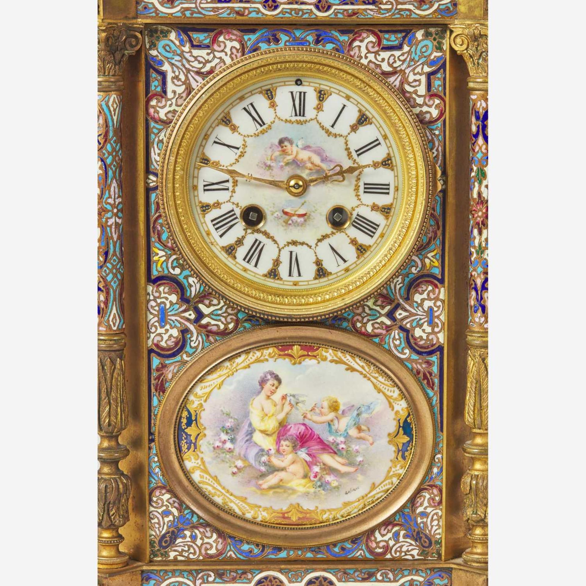 A French cloisonné enamel and gilt-bronze mounted mantel clock with painted porcelain set - Image 3 of 4