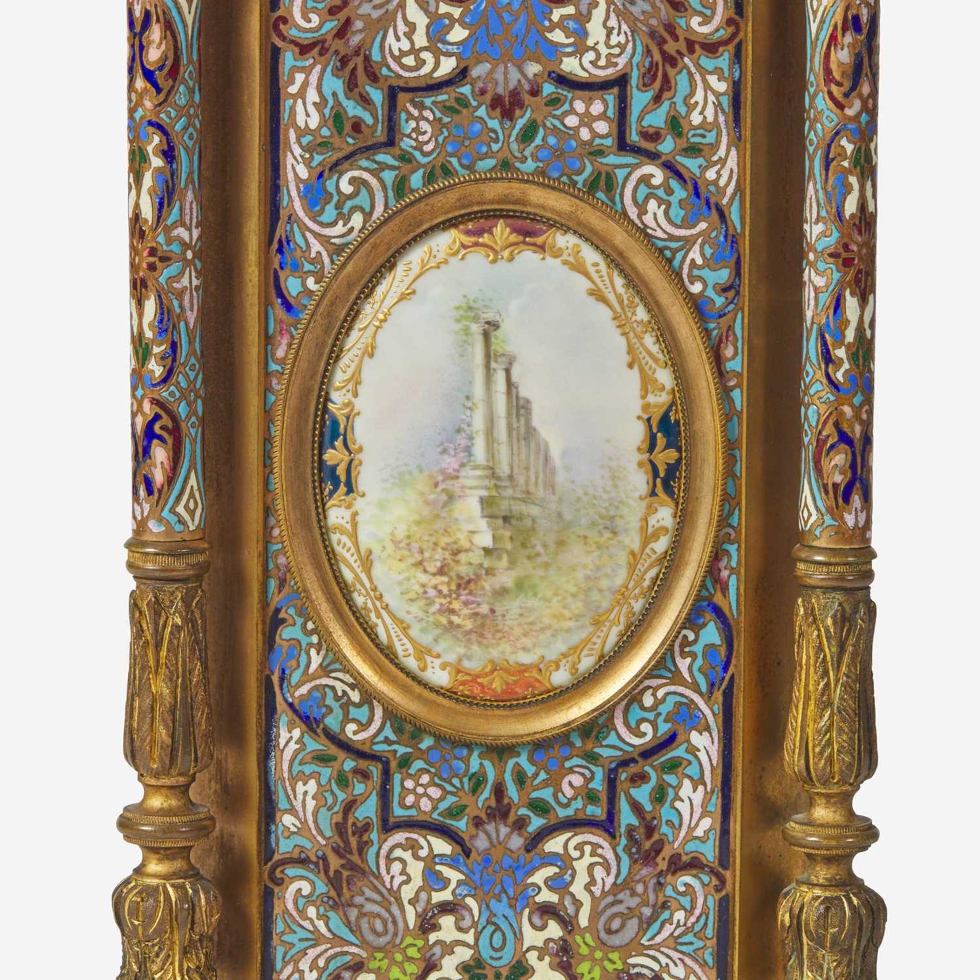 A French cloisonné enamel and gilt-bronze mounted mantel clock with painted porcelain set - Image 4 of 4