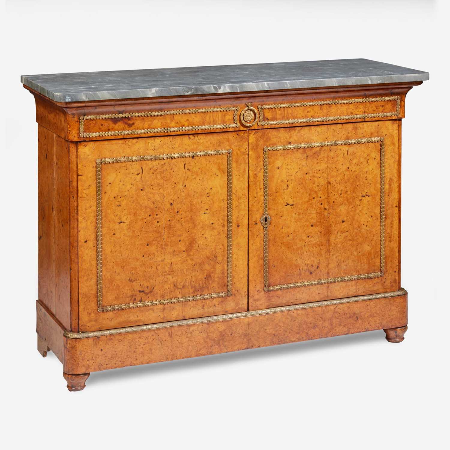 A Charles X gilt bronze-mounted pollard oak side cabinet with Saint Anne marble top circa 1820 - Image 3 of 3