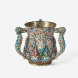 A Russian silver-gilt and shaded enamel three-handled cup Partially obscured hallmarks likely for