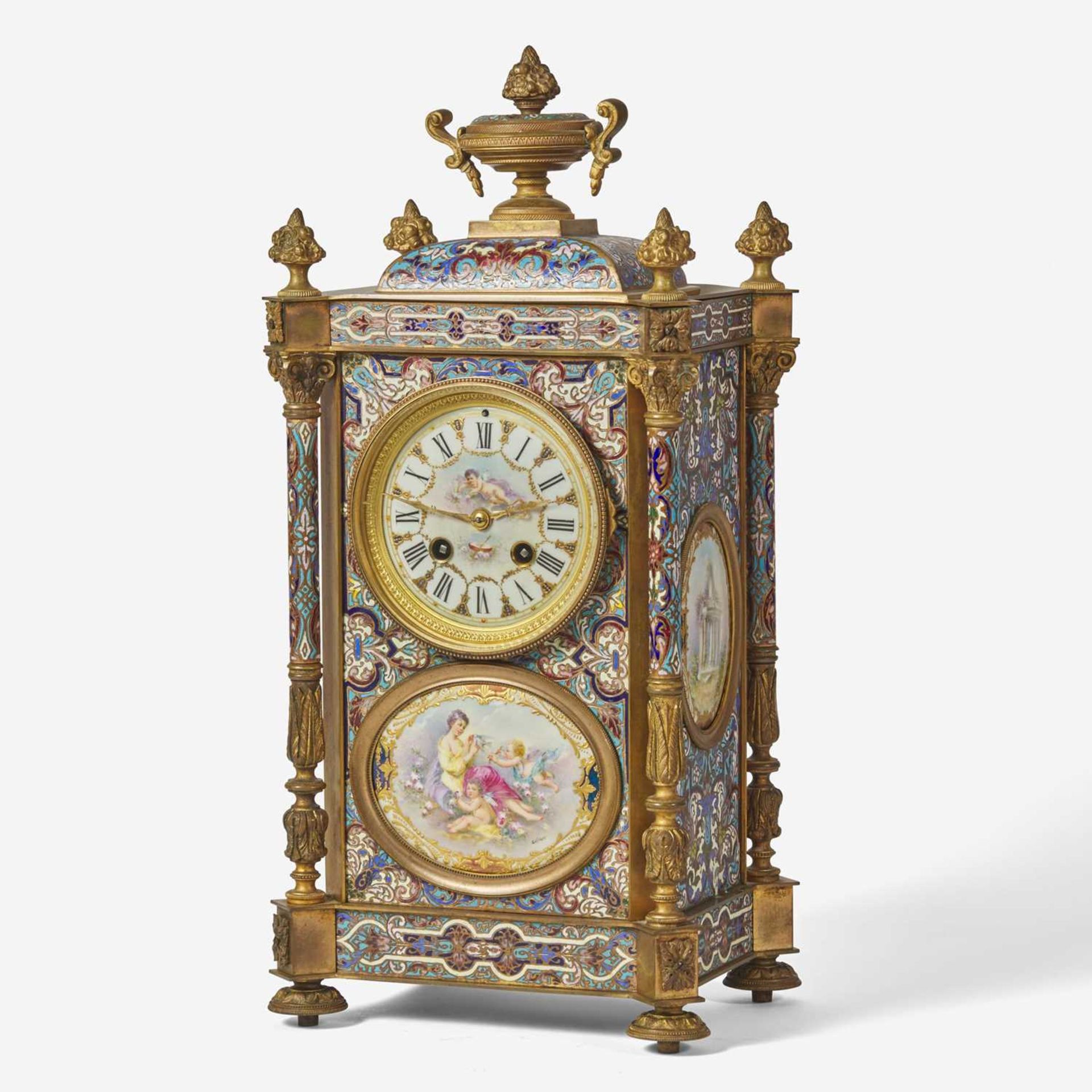 A French cloisonné enamel and gilt-bronze mounted mantel clock with painted porcelain set - Image 2 of 4