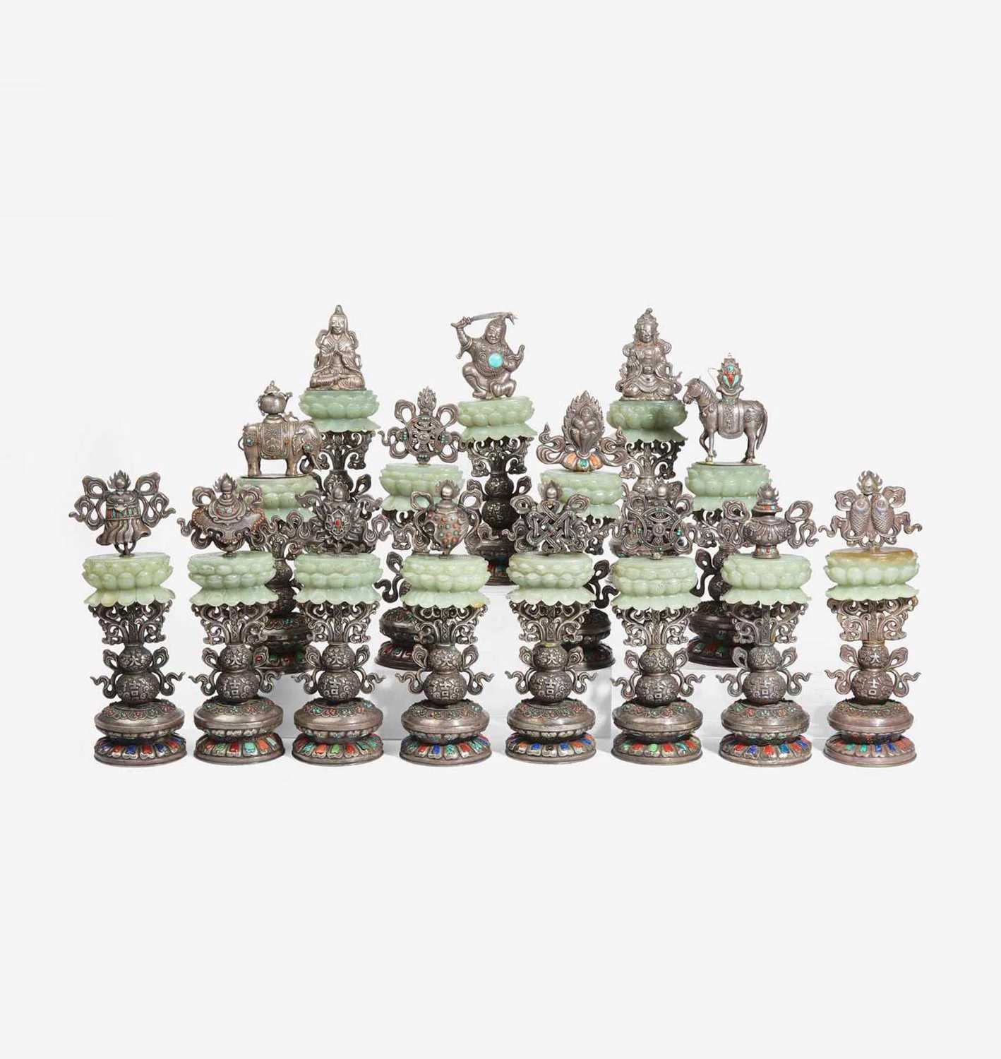 Fifteen Sino-Tibetan style embellished jade and silver alloy altar ornaments