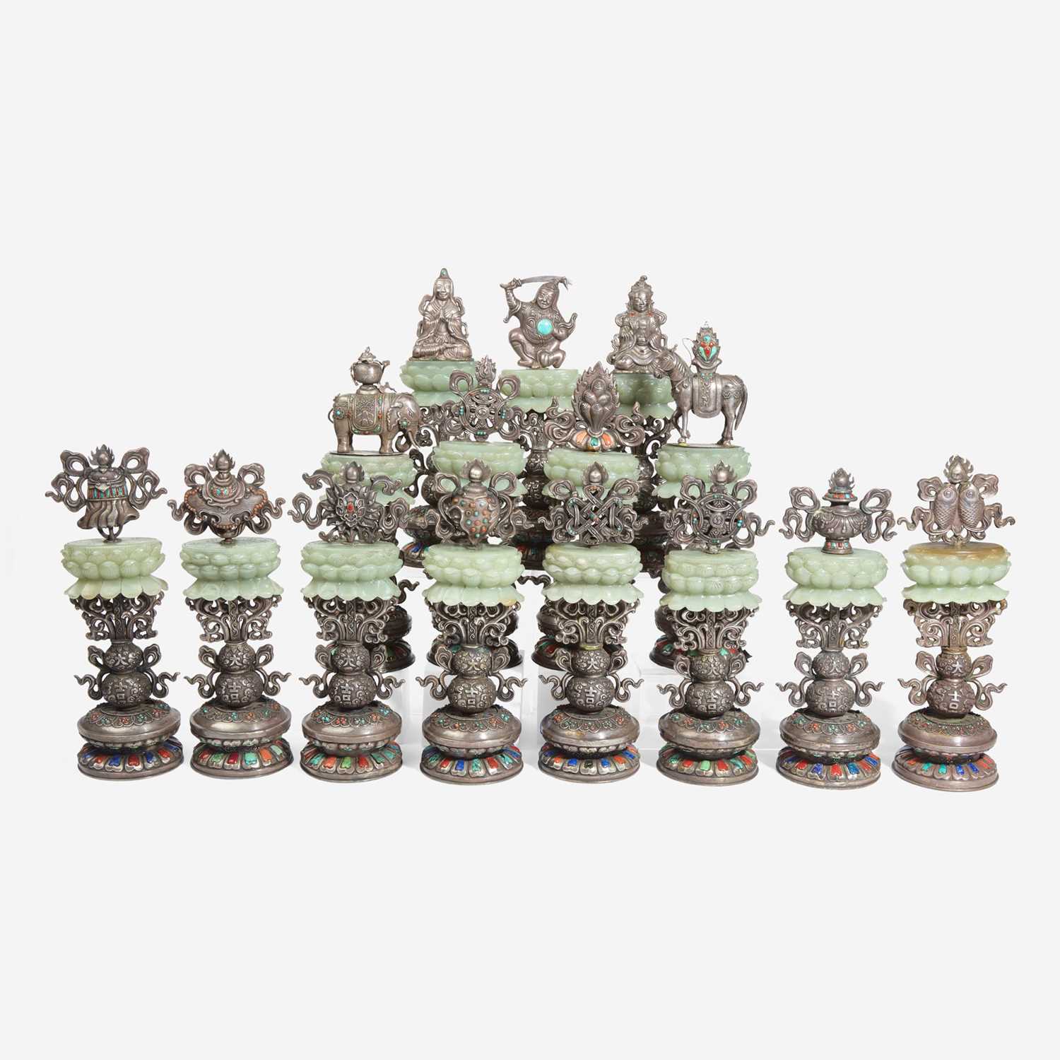 Fifteen Sino-Tibetan style embellished jade and silver alloy altar ornaments - Image 2 of 3
