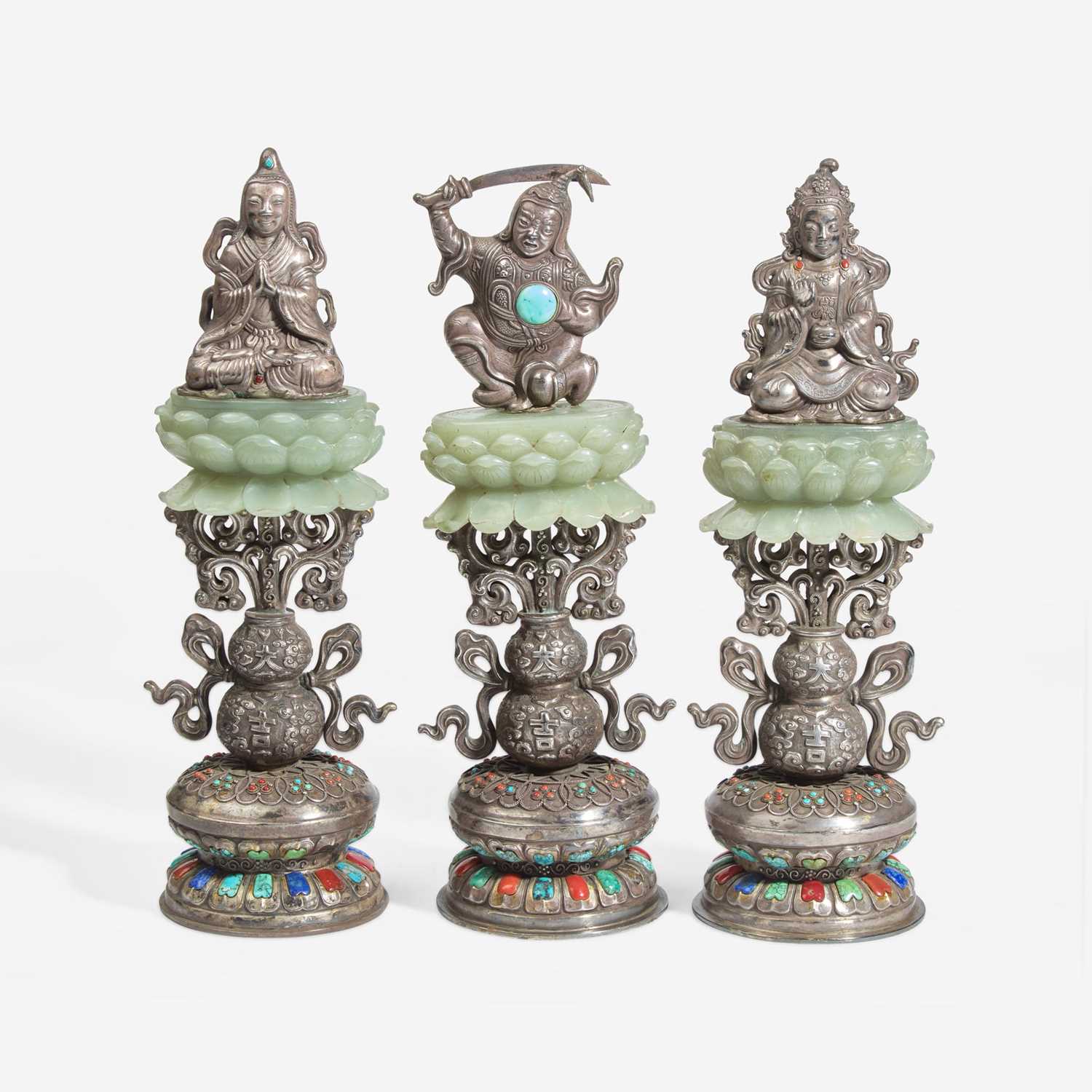 Fifteen Sino-Tibetan style embellished jade and silver alloy altar ornaments - Image 3 of 3