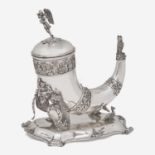 A Danish silver covered drinking horn on stand The horn by Anton Michelsen (1809-1877), the stand