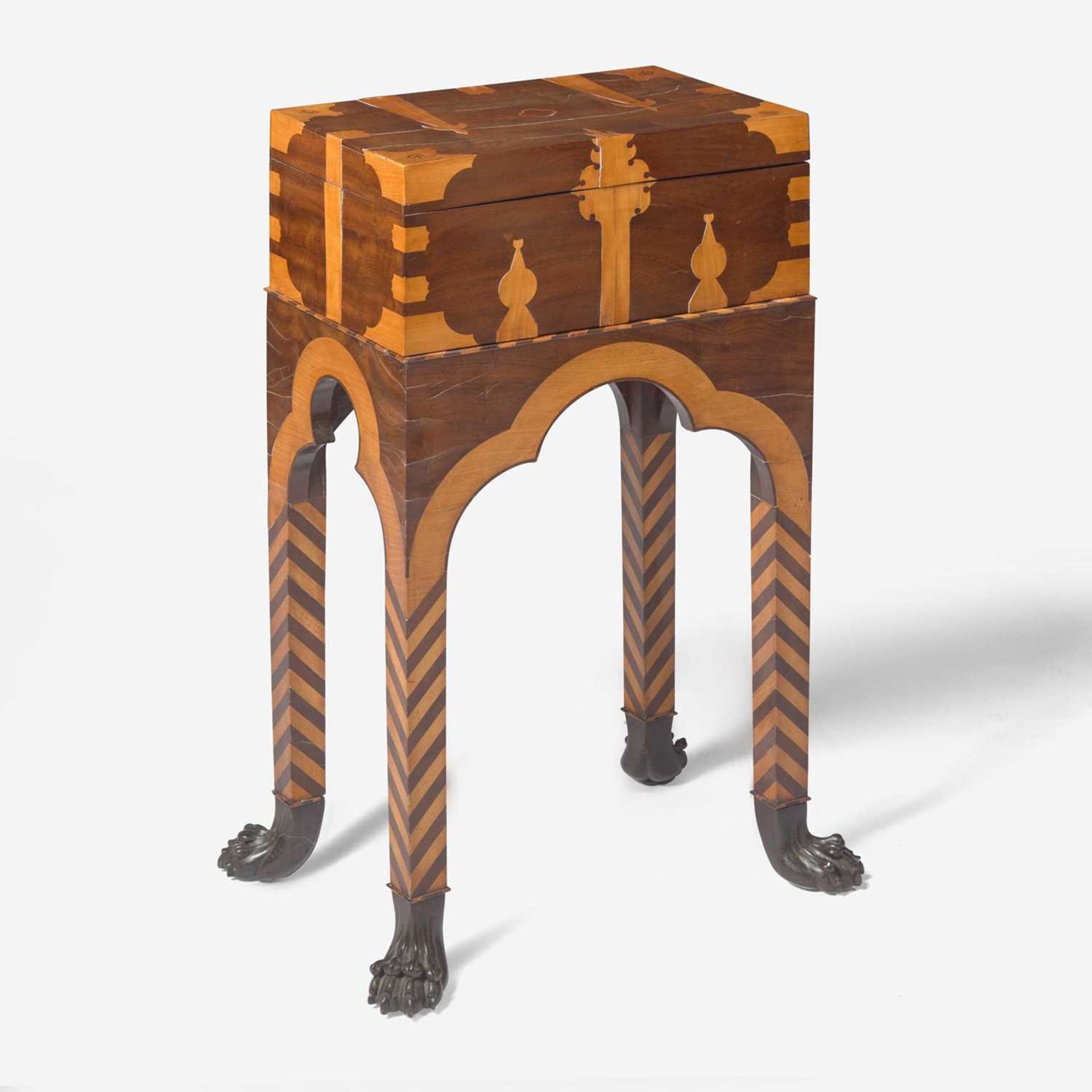 An Anglo-Indian inlaid mahogany, fruitwood, and ebony box-on-stand early 19th century