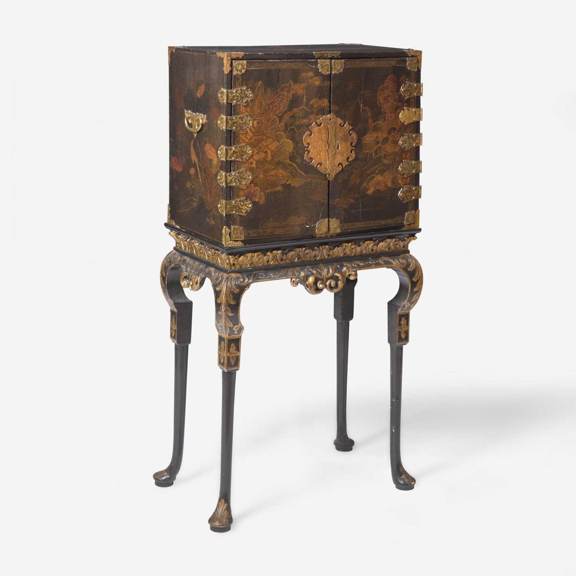 A Chinese Export gilt-decorated black lacquer table cabinet on a George I gilt-decorated and - Image 4 of 4