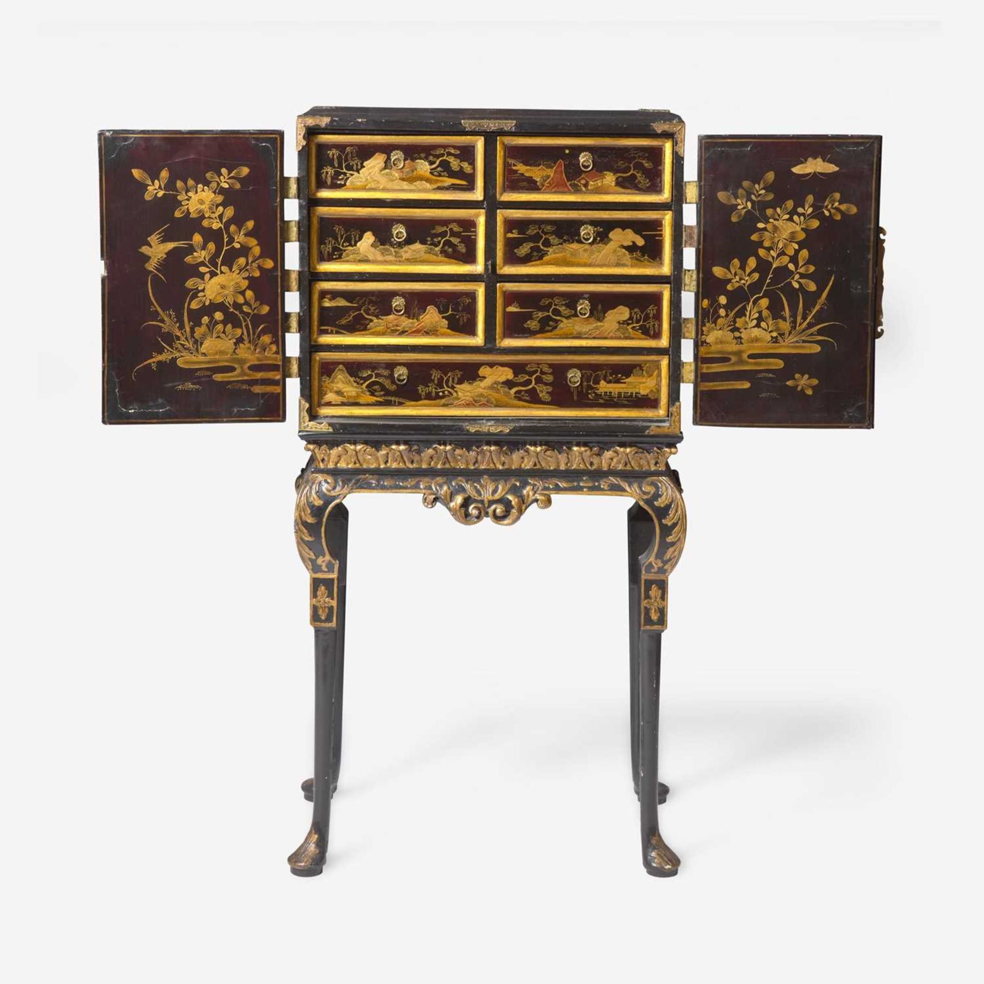 A Chinese Export gilt-decorated black lacquer table cabinet on a George I gilt-decorated and - Image 2 of 4