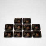 10 LACQUER 'GOD OF LONGEVITY' SQUARE SAUCERS