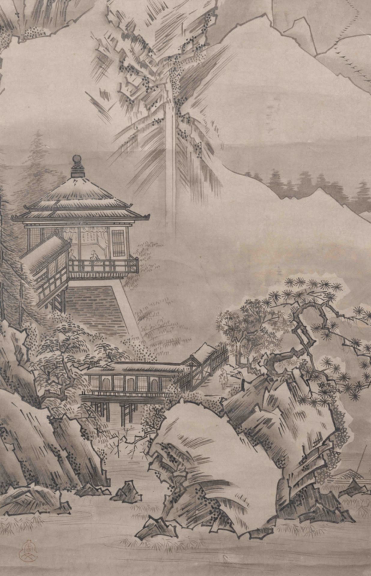 ZHOU WEN, A SET OF TWO hanging SCROLLS, LANDSCAPE 周文 山水樓閣雙條屏 - Image 12 of 17