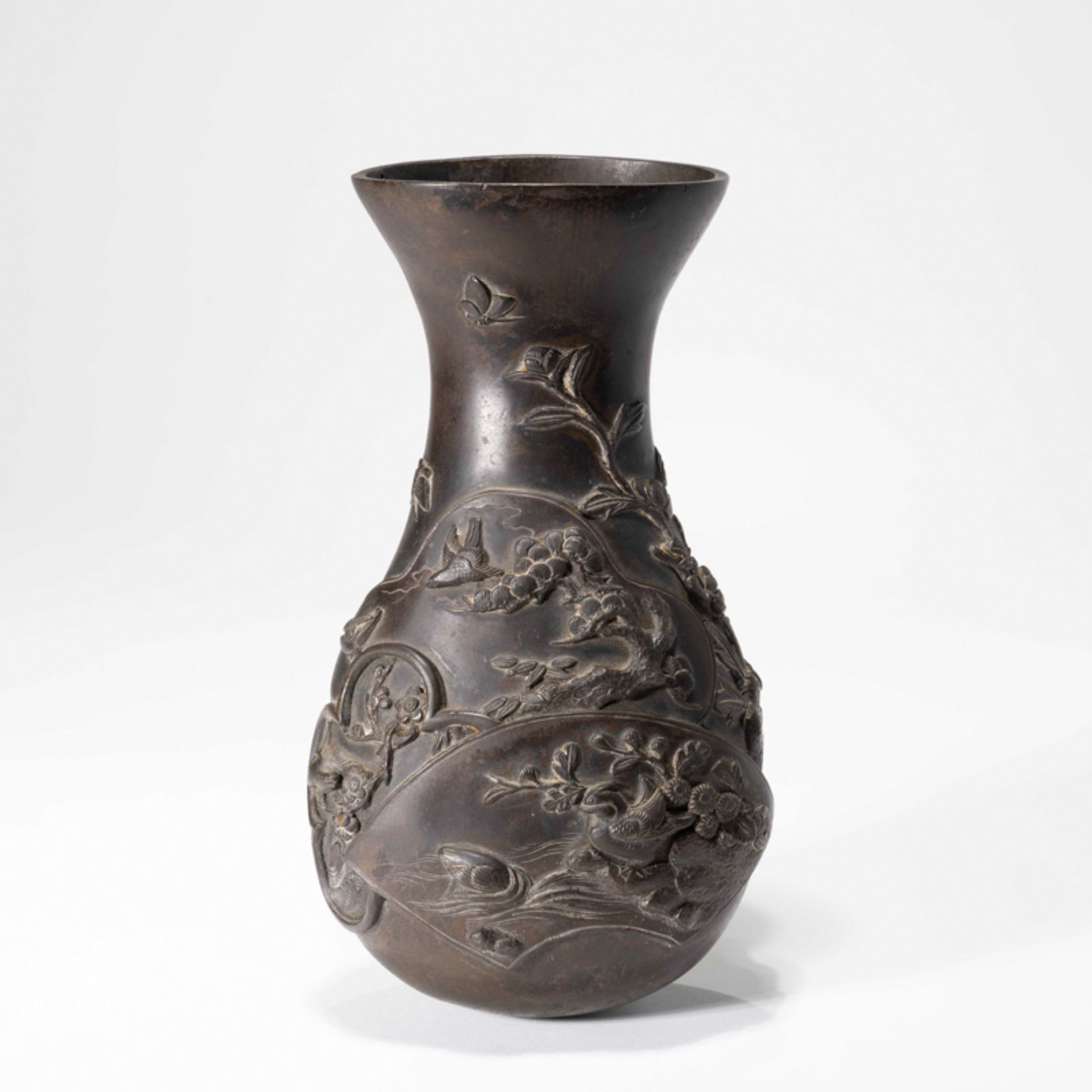 A CHINESE BRONZE 'BIRDS AND FLOWERS' WALL VASE