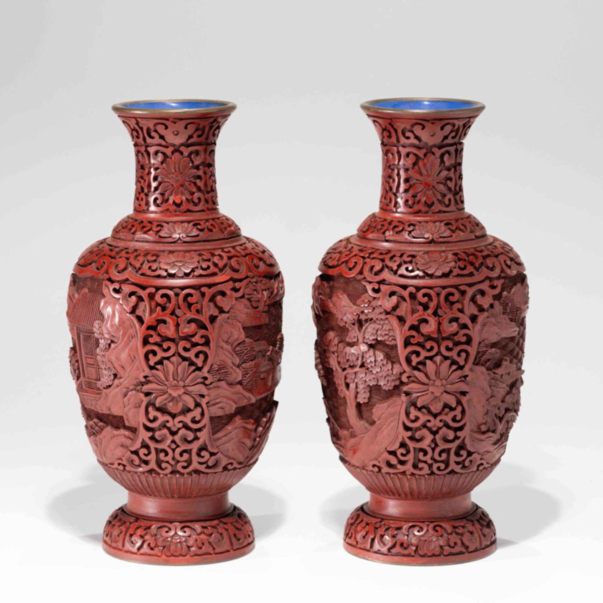 A PAIR OF CHINESE RED LACQUER 'LANDSCAPE' VASES, 1980S - Image 4 of 9