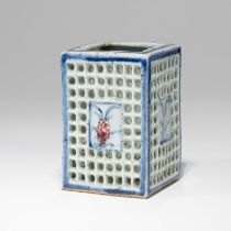 A KOREAN BLUE AND WHITE RETICULATED SQUARE BRUSH POT, JOSEON DYNASTY