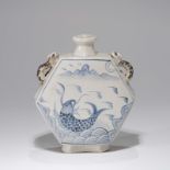 A KOREAN BLUE AND WHITE ‘FISH AND SEA’ FLAT BOTTLE, JOSEON DYNASTY