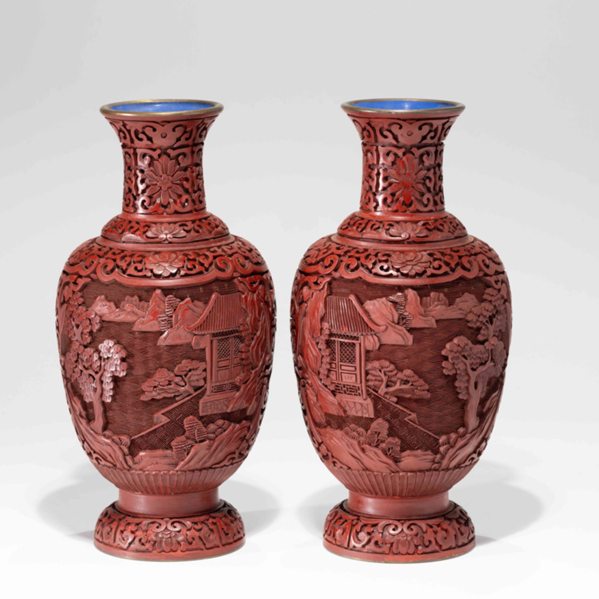 A PAIR OF CHINESE RED LACQUER 'LANDSCAPE' VASES, 1980S - Image 3 of 9