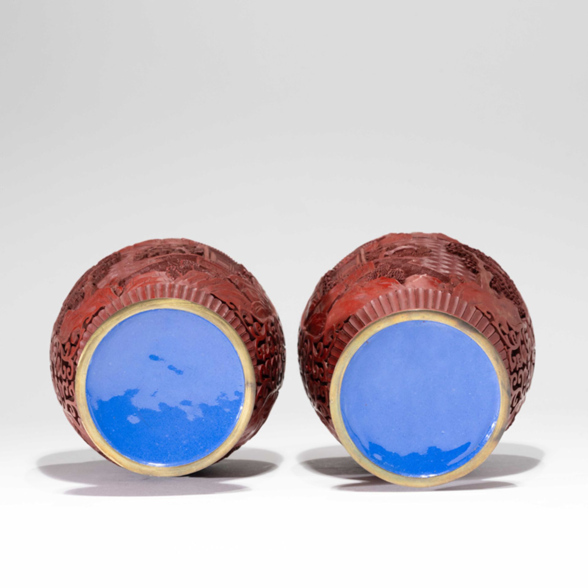 A PAIR OF CHINESE RED LACQUER 'LANDSCAPE' VASES, 1980S - Image 8 of 9