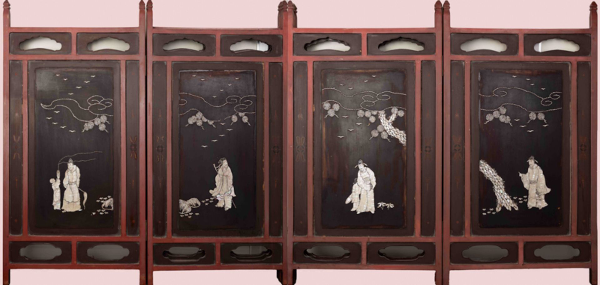 A CHINESE MOTHER-OF-PEARL INLAID LACQUER FOUR-PANEL FOLDING SCREEN 