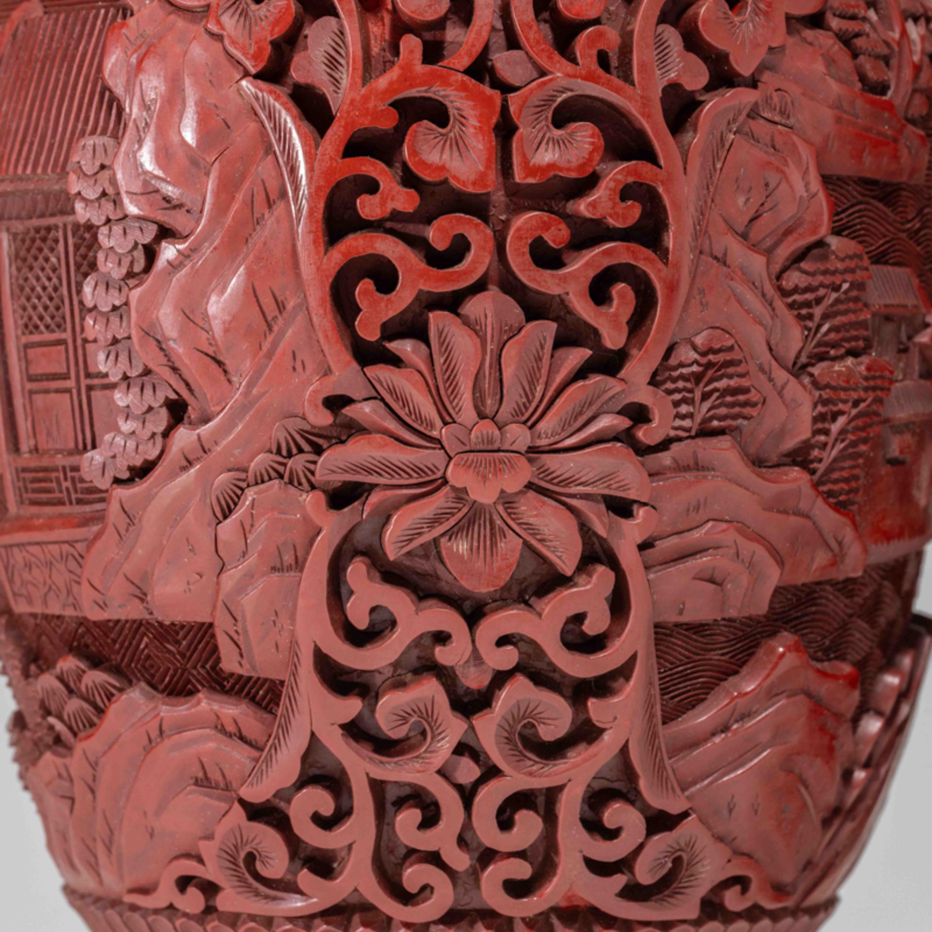 A PAIR OF CHINESE RED LACQUER 'LANDSCAPE' VASES, 1980S - Image 5 of 9