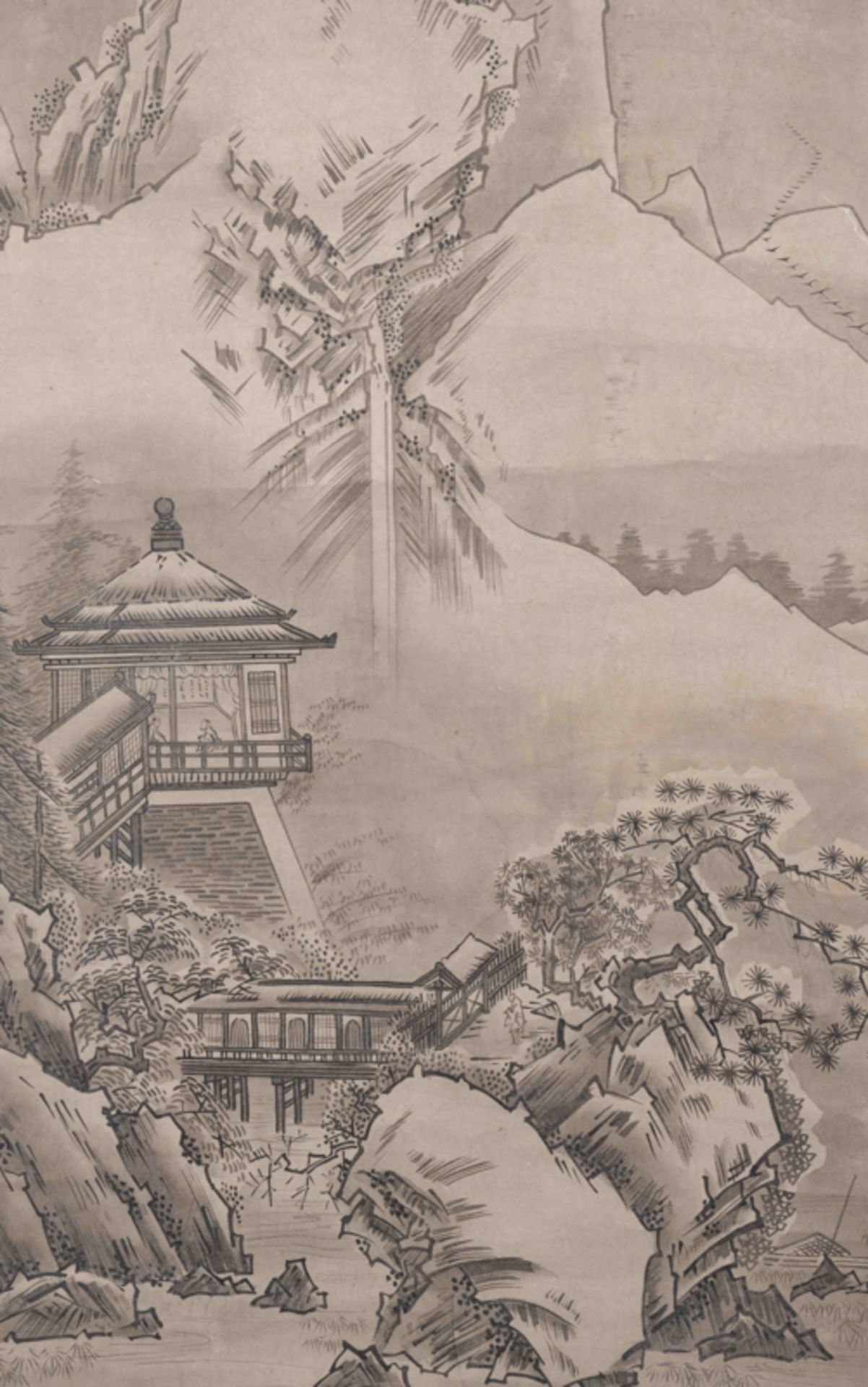 ZHOU WEN, A SET OF TWO hanging SCROLLS, LANDSCAPE 周文 山水樓閣雙條屏 - Image 11 of 17