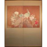 A TWO-PANEL FOLDING SCREEN WITH EMBROIDERED PEONY AND PEACOCK 孔雀牡丹圖刺繡 屏風