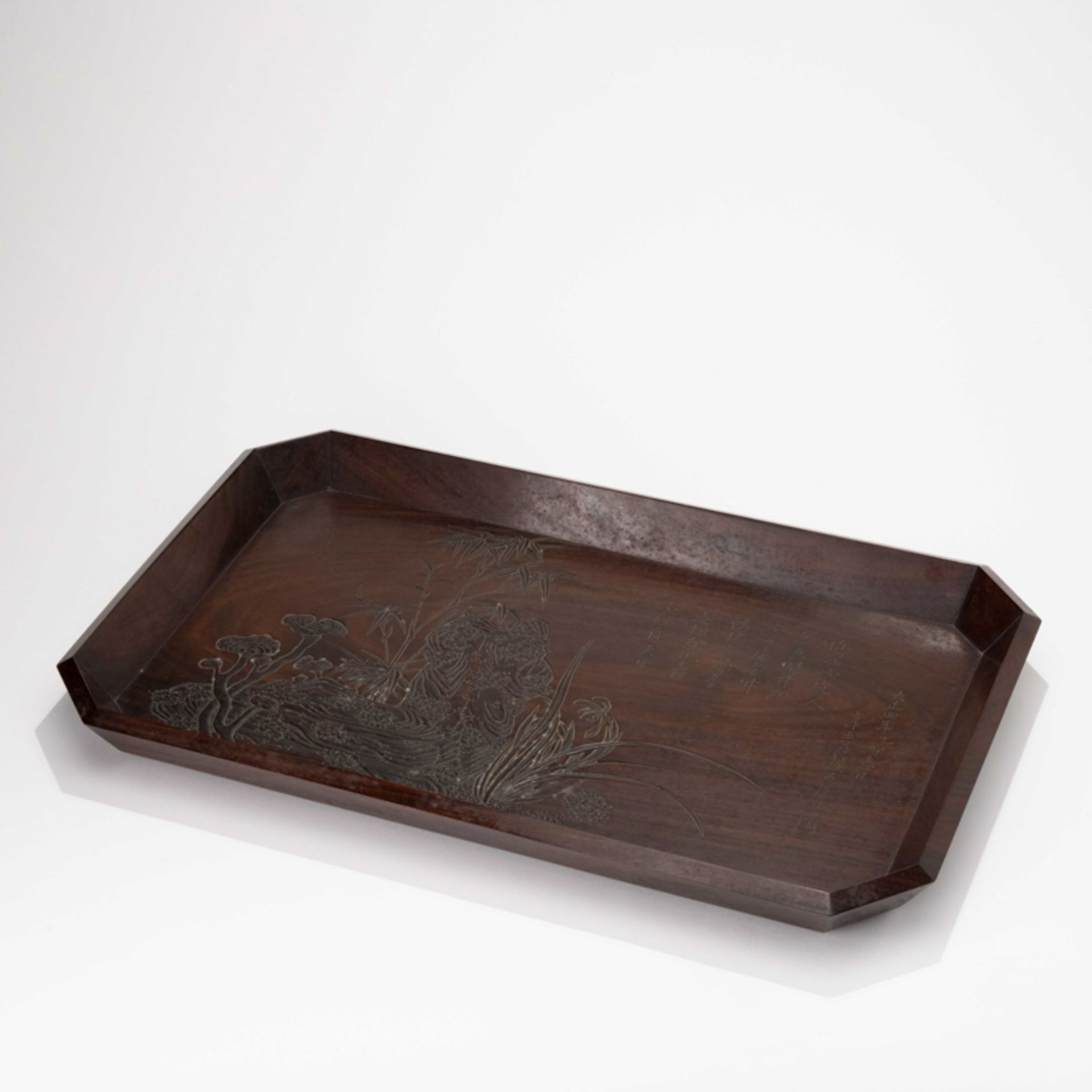 A JAPANESE WOOD 'ORCHID, BAMBOO, GANODERMA LUCIDUM' TRAY - Image 2 of 11