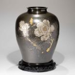 A JAPANESE GOLD AND SILVER INLAID BRONZE VASE, WITH 'YOSHIHISA' MARK, EDO PERIOD