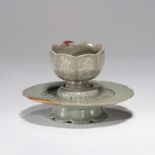 A SET OF KOREAN CELADON 'CHRYSANTHEMUM' LOBED CUP AND STAND, GORYEO DYNASTY