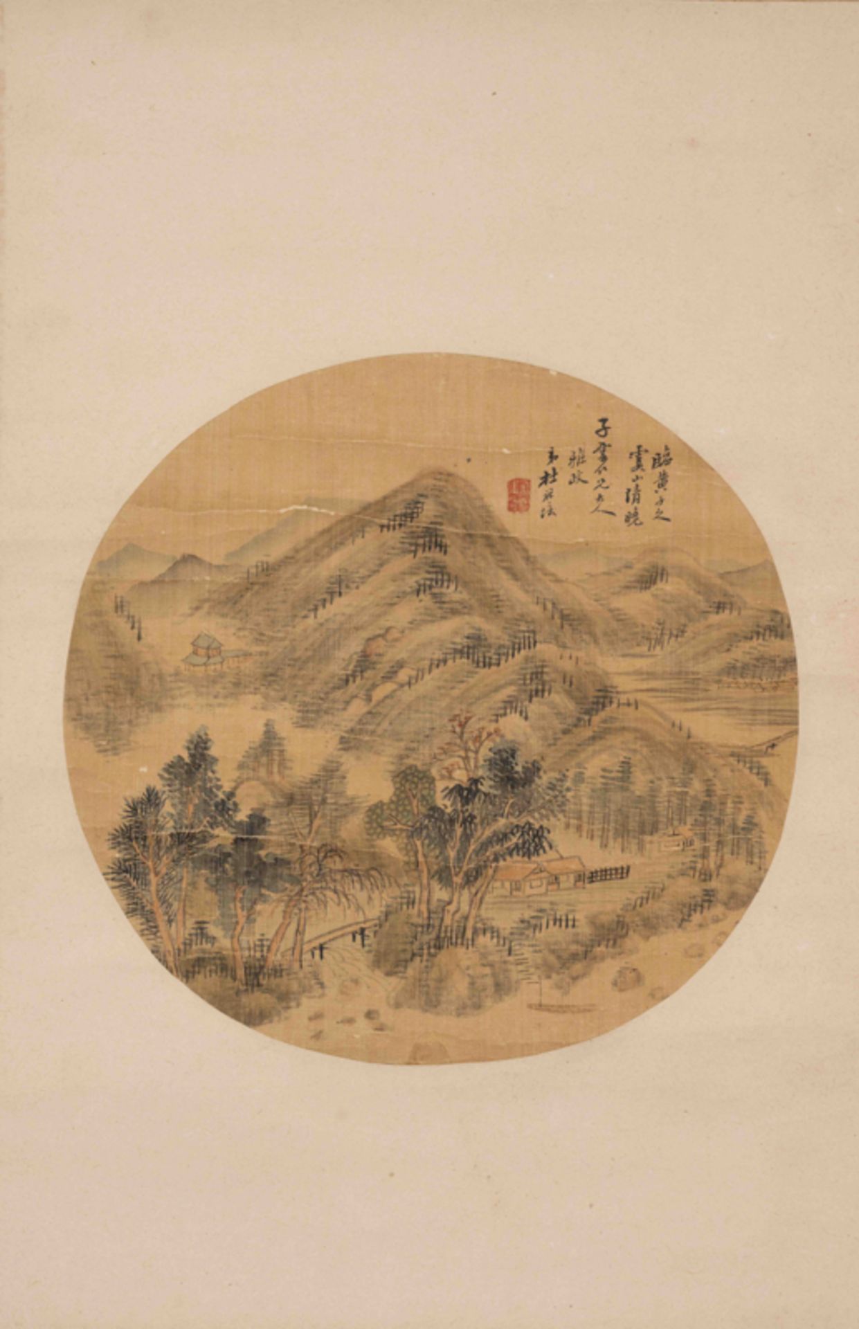 DU ZUPEI (1859-1935), FAN PAINTING, LANDSCAPE 杜祖培 雲山清曉 扇面