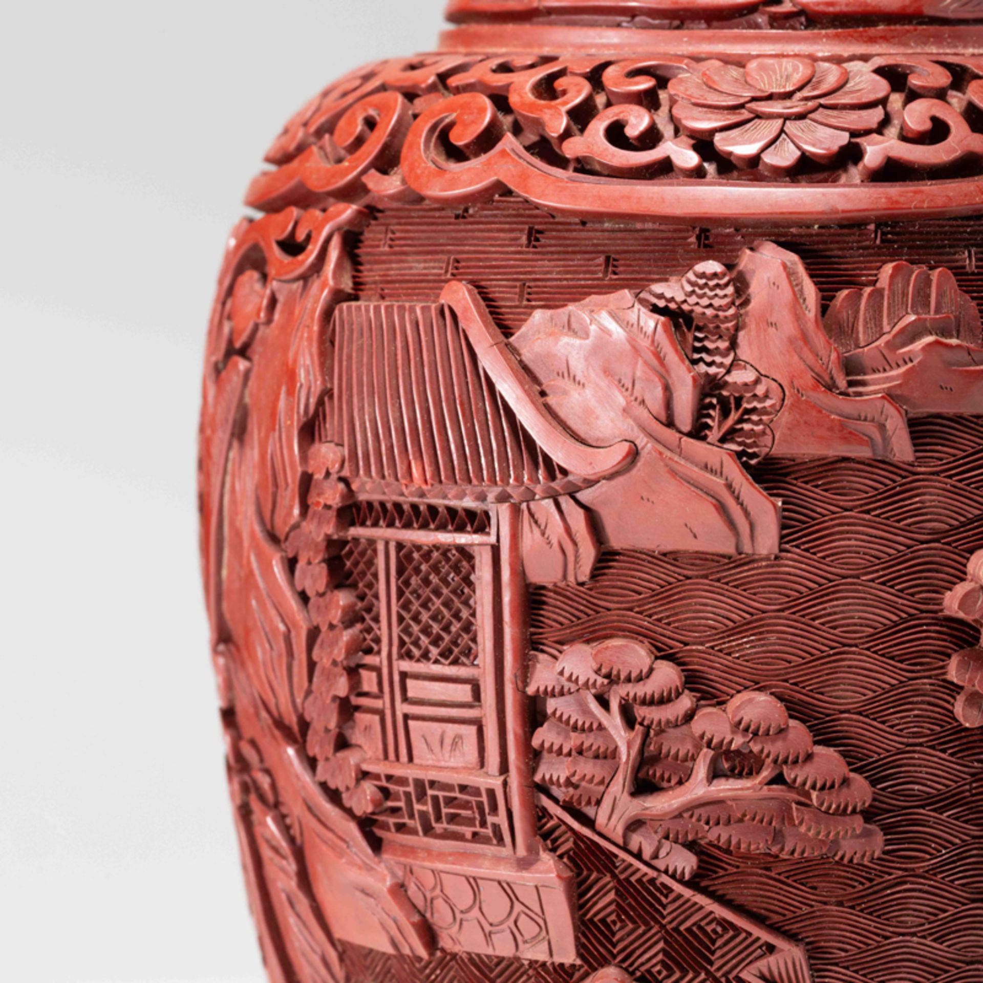 A PAIR OF CHINESE RED LACQUER 'LANDSCAPE' VASES, 1980S - Image 6 of 9