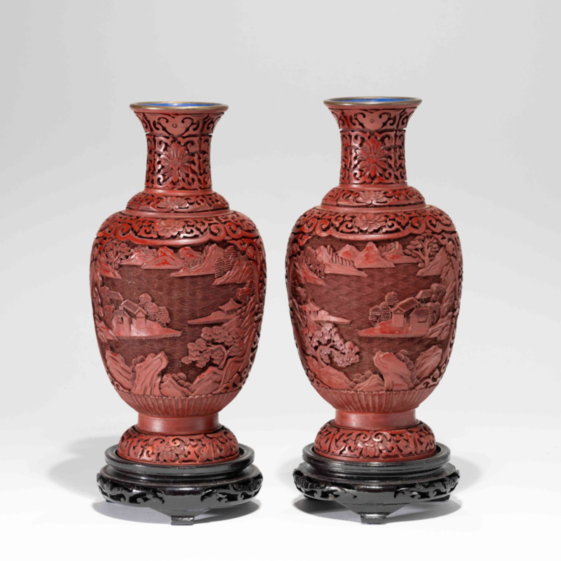 A PAIR OF CHINESE RED LACQUER 'LANDSCAPE' VASES, 1980S