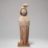 A CHINESE RED PAINTED POTTERY FIGURE OF LADY