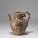 A KOREAN UNDERGLAZE-IRON PAINTED CELADON 'FLOWER' EWER AND COVER, GORYEO DYNASTY