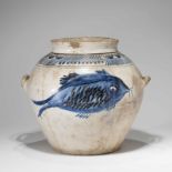 A KOREAN BLUE AND WHITE ‘FISH AND FLOWER' TWIN-HANDLED JAR, JOSEON DYNASTY