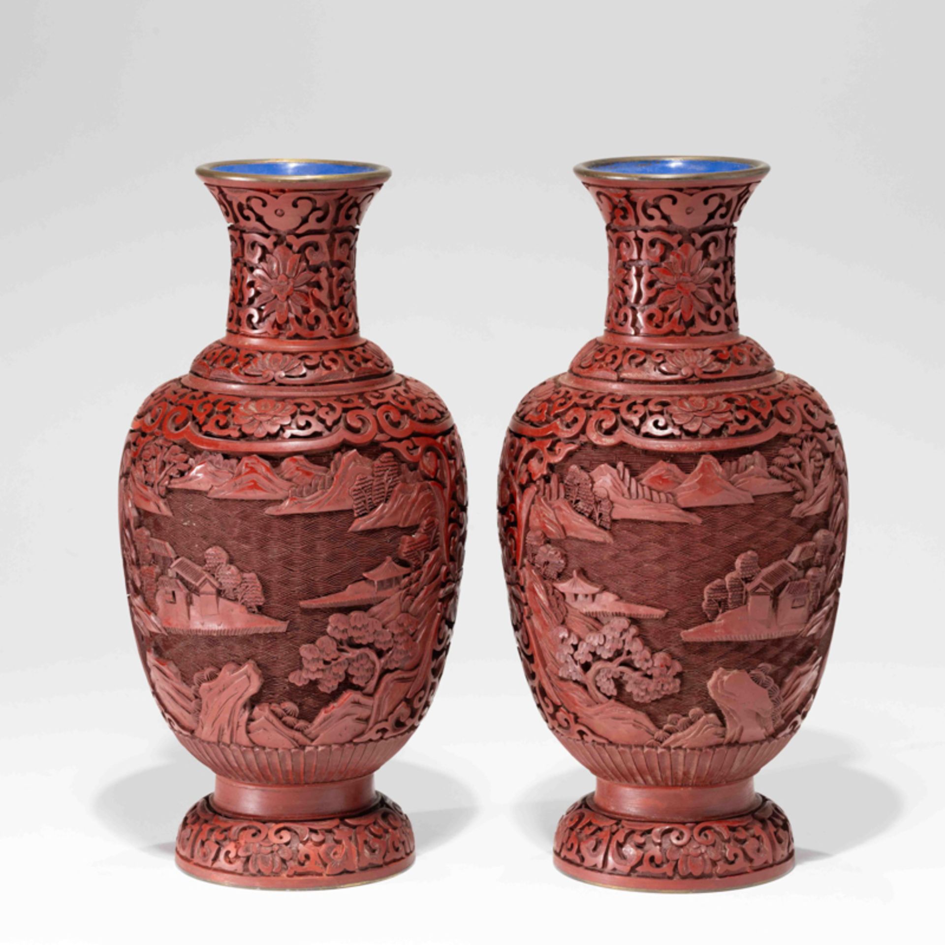 A PAIR OF CHINESE RED LACQUER 'LANDSCAPE' VASES, 1980S - Image 2 of 9