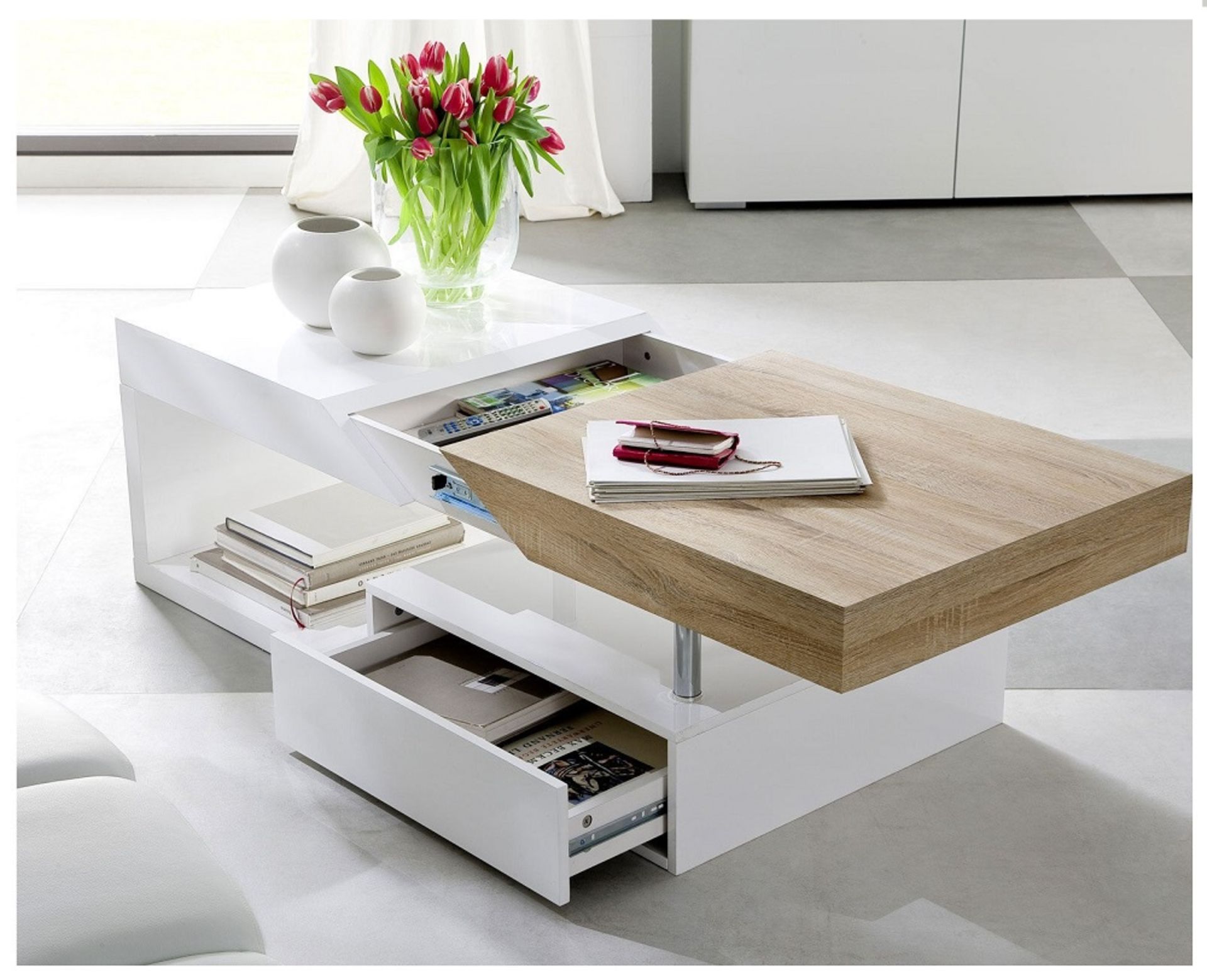 Brand New Wayfair Stock - RRP £319 Callan Coffee Table with Storage Drawer Boxed White Gloss and Oak
