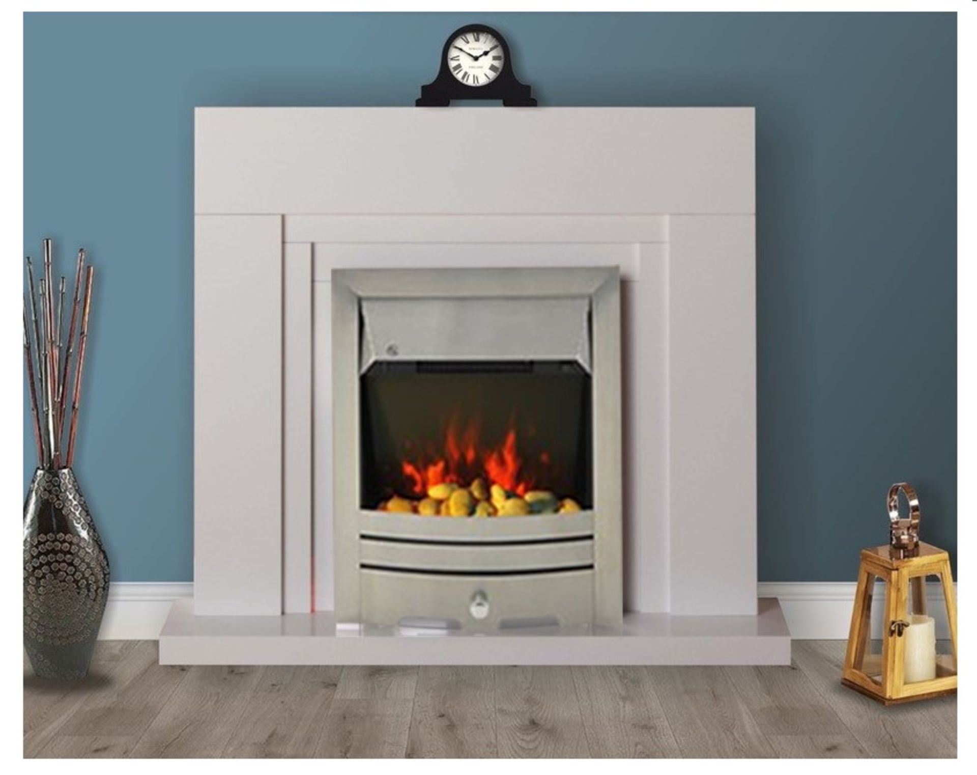 Brand New Boxed RRP £249. Modern White Flat Wall 2KW Electric Fire Surround Set with Brushed Fire