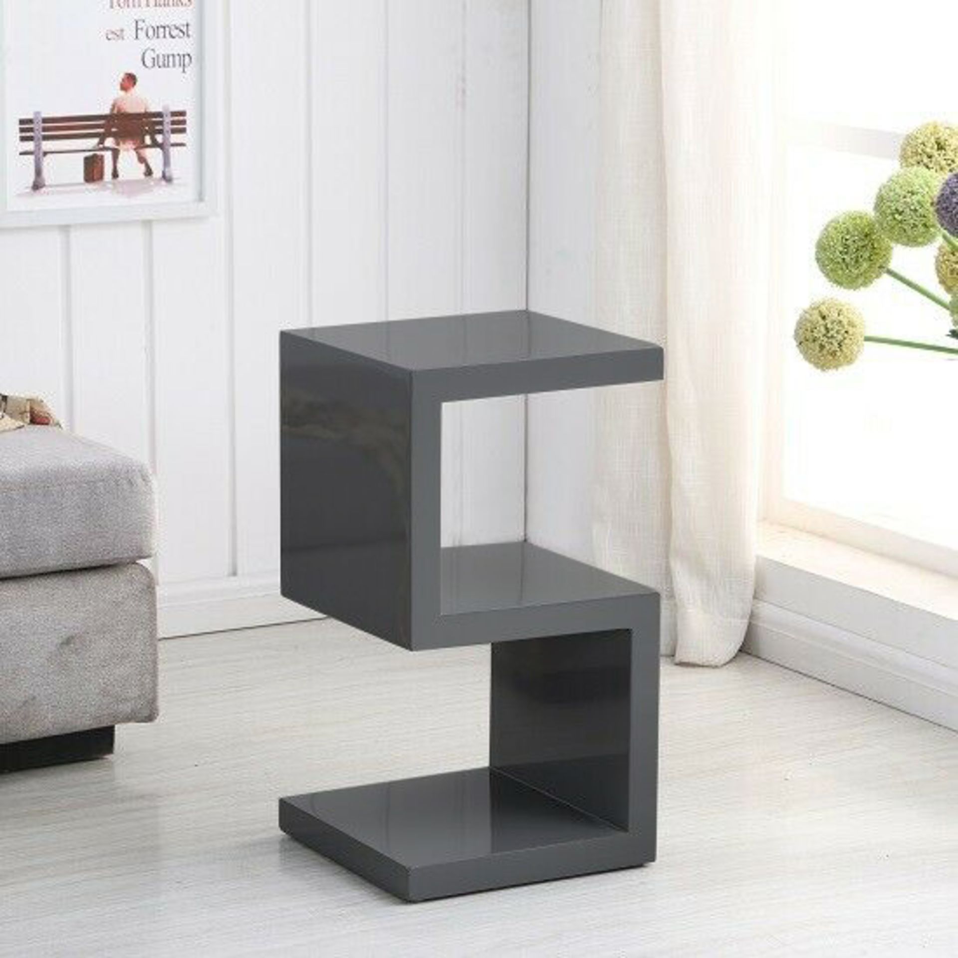 Brand New Boxed Wayfair Stock - RRP £114 Grey High Gloss S Shape SIde Lamp Table