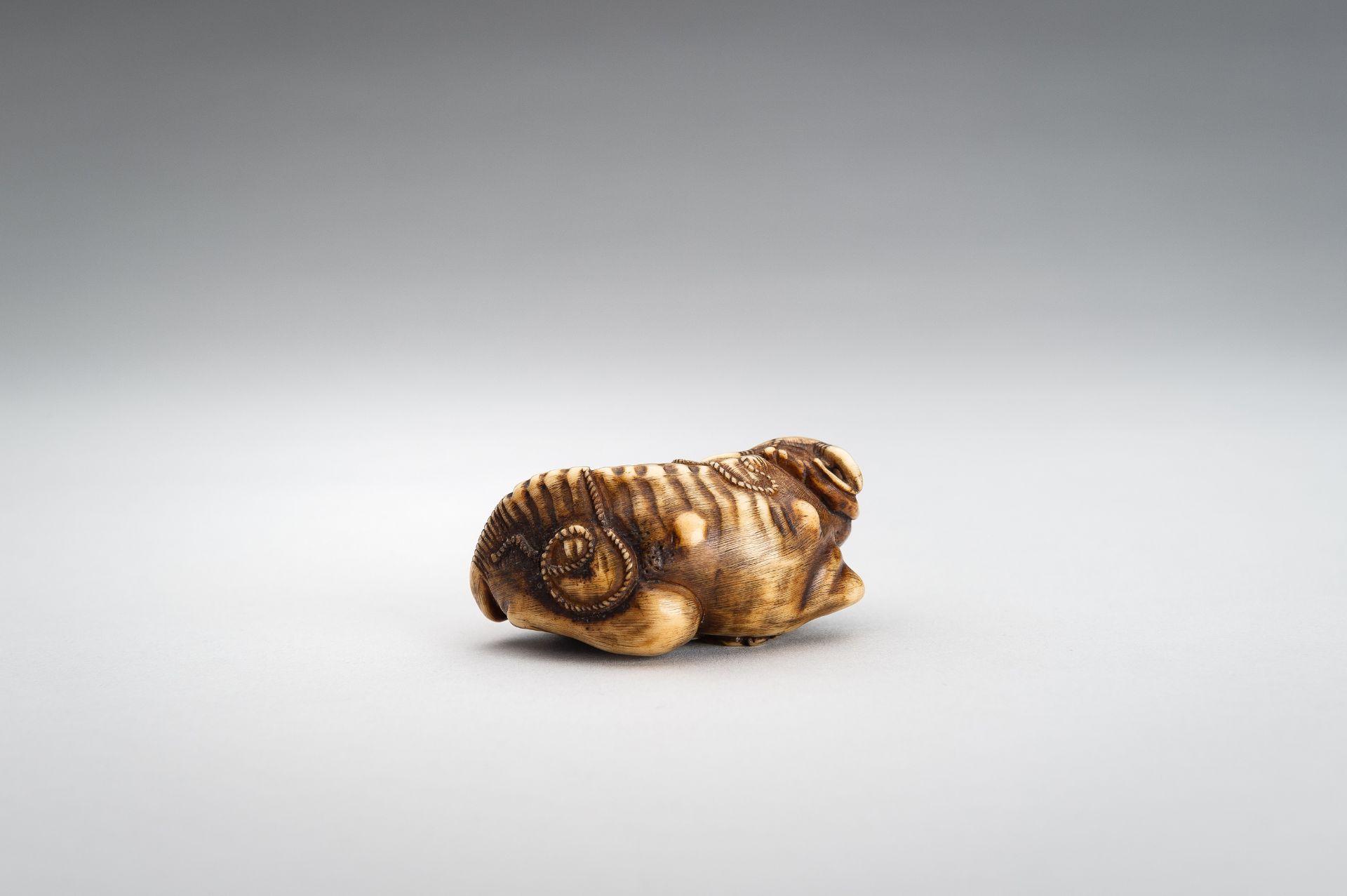 A STAG ANTLER NETSUKE OF RECUMBENT OX - Image 5 of 11