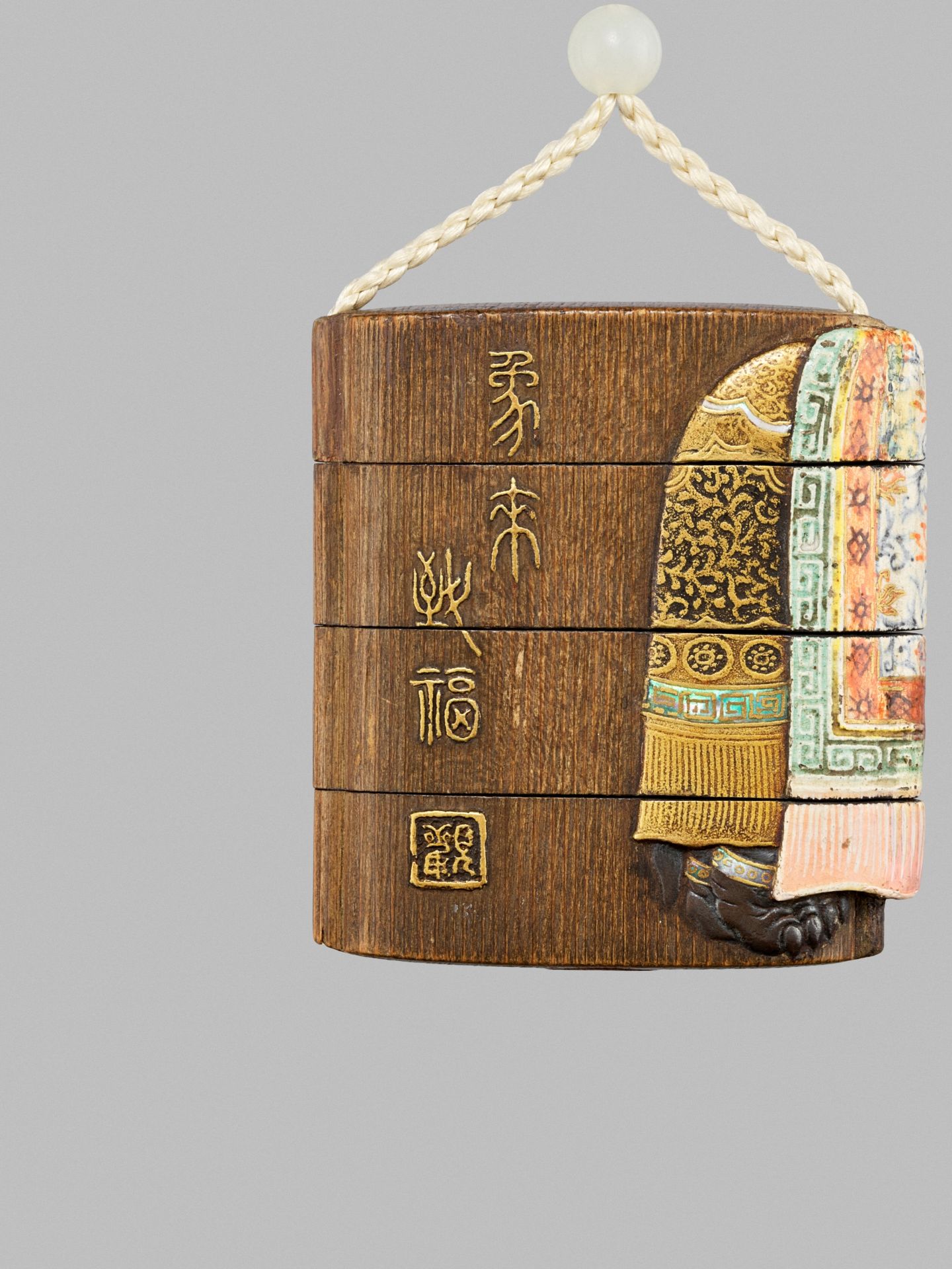 RITSUO: A SUPERB LACQUER AND POTTERY FOUR-CASE WOOD INRO WITH LUCKY ELEPHANT - Image 4 of 7