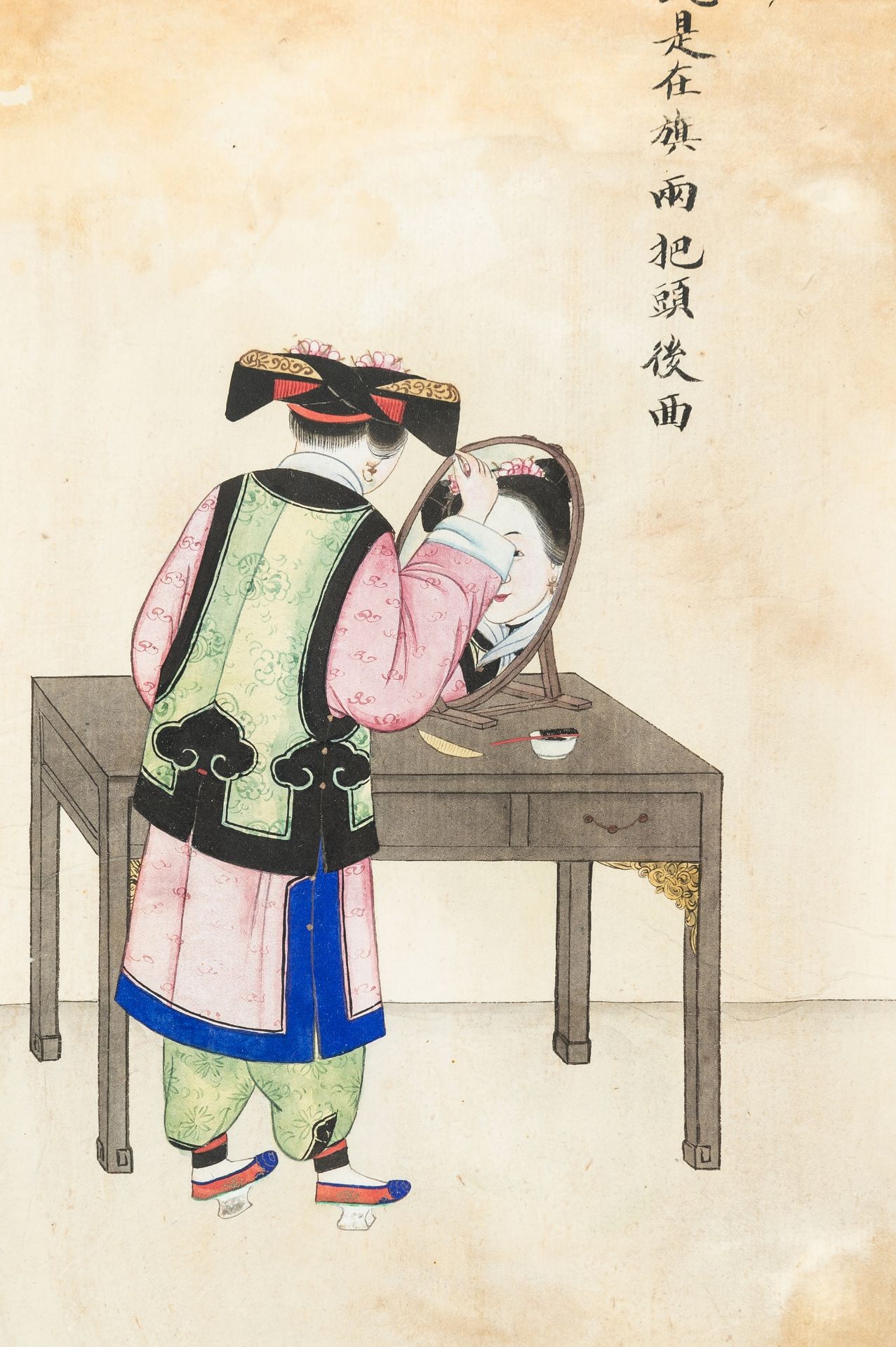 ZHOU PEI CHUN (active 1880-1910): A PAINTING OF A MANCHU COURT LADY STYLING HER HAIR, 1900s - Image 3 of 6