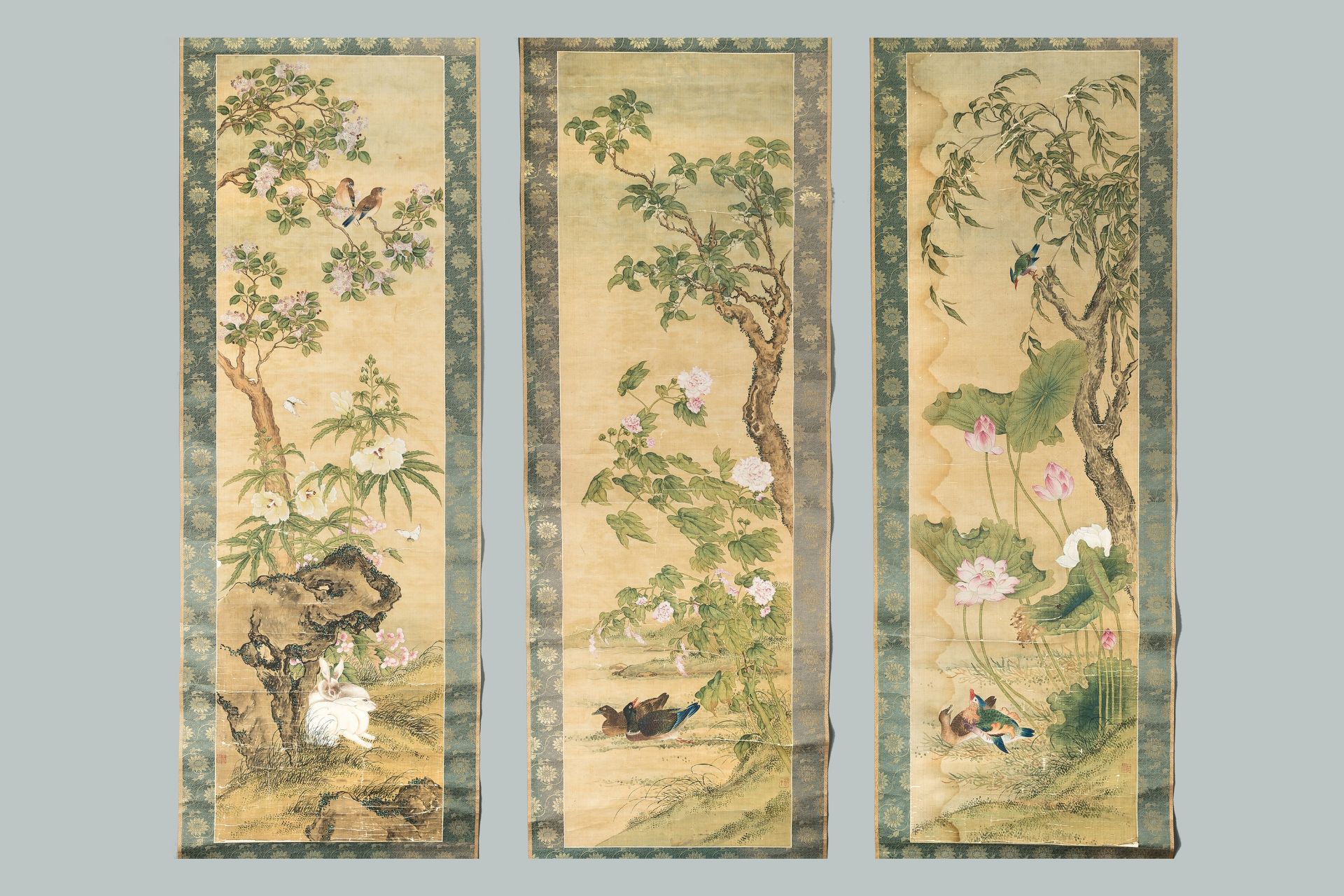 A GROUP OF THREE SCROLL PAINTINGS WITH DUCKS, BIRDS, AND RABBITS, QING