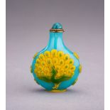 A YELLOW OVERLAY TURQUOISE GLASS 'PEACOCK' SNUFF BOTTLE