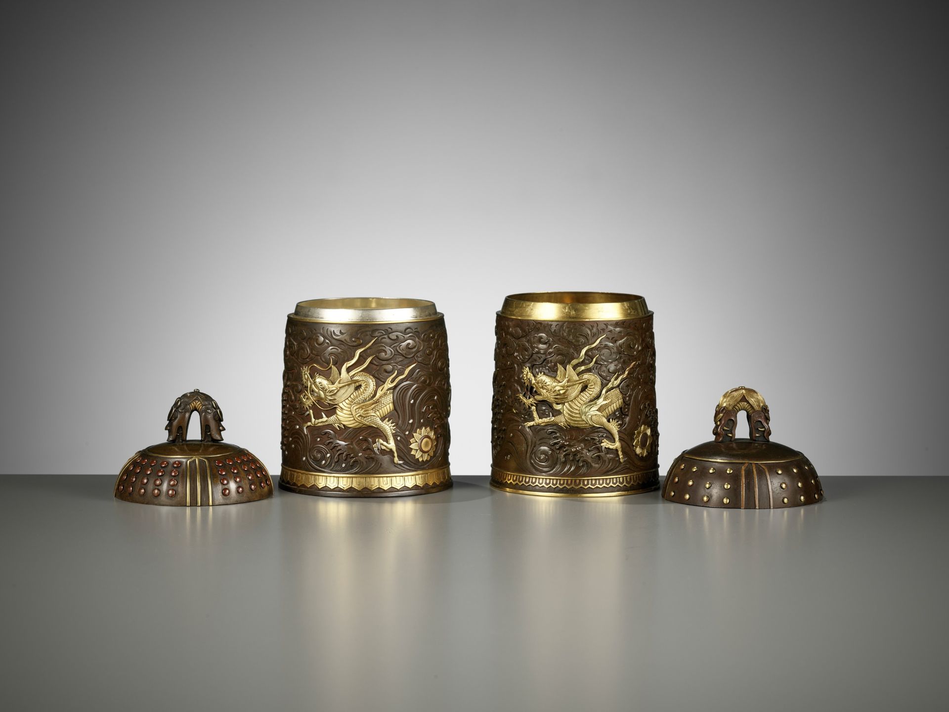 A MATCHED PAIR OF GOLD-INLAID BRONZE 'BUDDHIST TEMPLE BELL' KOGO, ONE BY MIYABE ATSUYOSHI - Image 9 of 15