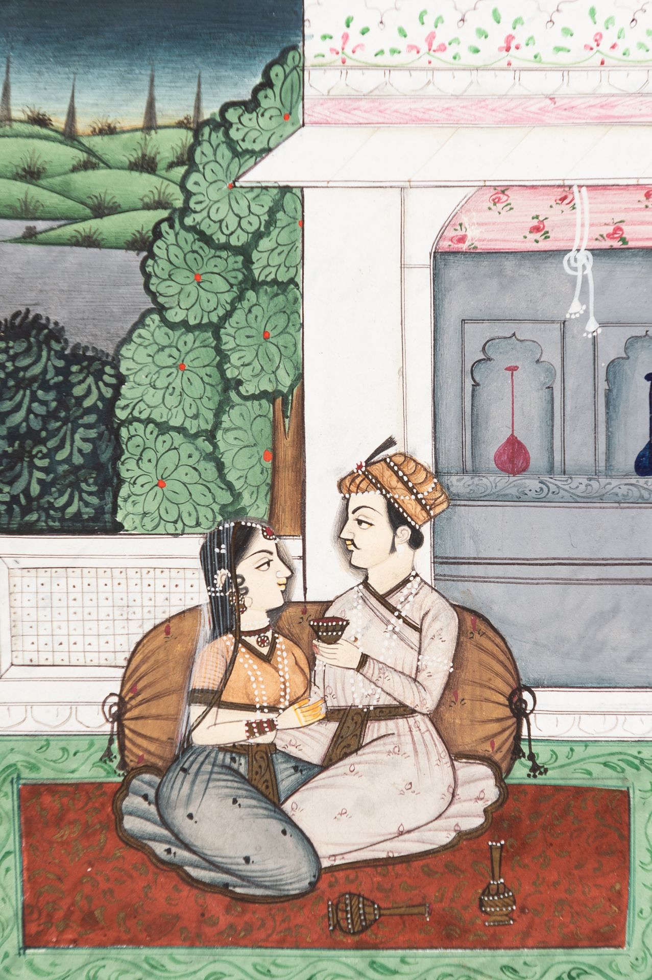 A MUGHAL MINIATURE PAINTING OF A COUPLE ON A TERRACE - Image 3 of 6