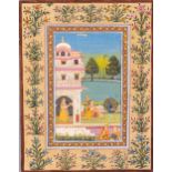 AN INDIAN MINIATURE PAINTING WITH A PALACE GARDEN SCENE